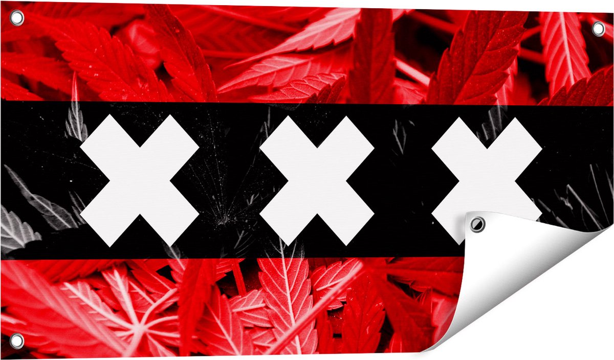 Gards Tuinposter Amsterdamse Vlag met Cannabis Achtergrond - 80x40 cm - Tuindoek - Tuindecoratie - Wanddecoratie buiten - Tuinschilderij Multikleur