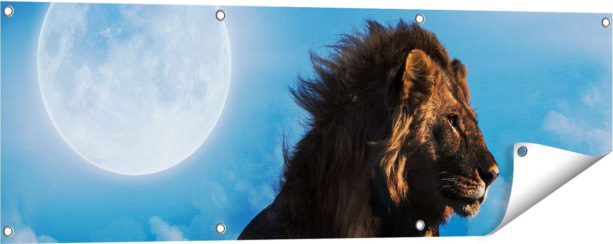 Gards Tuinposter Leeuw tijdens Volle Maan - 120x40 cm - Tuindoek - Tuindecoratie - Wanddecoratie buiten - Tuinschilderij Multikleur