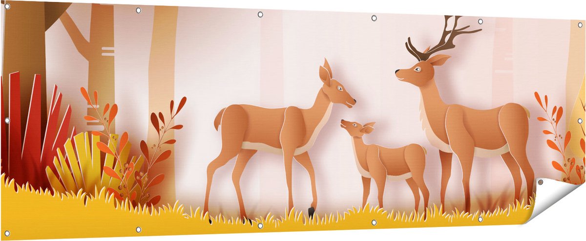Gards Tuinposter Herten in het Bos Illustratie - Abstract - 210x70 cm - Tuindoek - Tuindecoratie - Wanddecoratie buiten - Tuinschilderij Multikleur