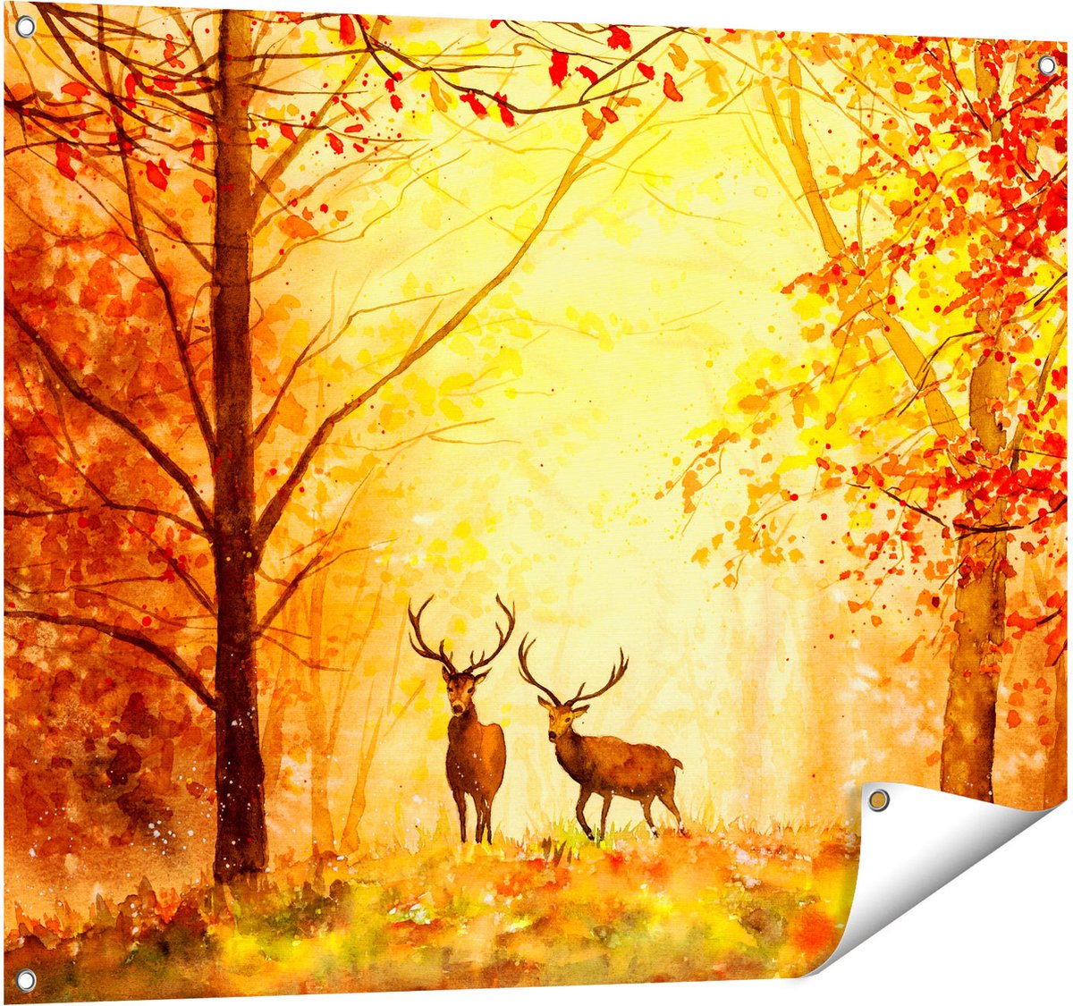Gards Tuinposter Getekende Herten in het Bos - Herfst - 100x80 cm - Tuindoek - Tuindecoratie - Wanddecoratie buiten - Tuinschilderij Multikleur