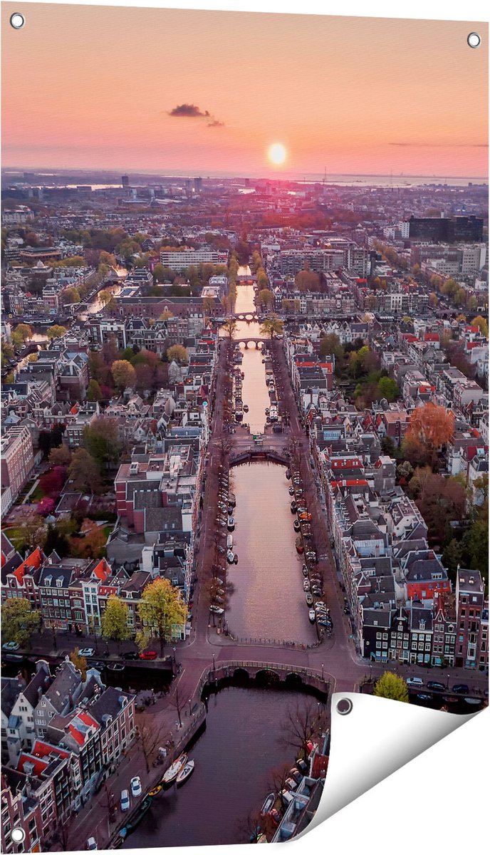 Gards Tuinposter Bovenaanzicht Amsterdam met Zonsondergang - 60x90 cm - Tuindoek - Tuindecoratie - Wanddecoratie buiten - Tuinschilderij Multikleur