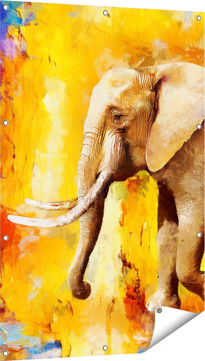 Gards Tuinposter Geschilderde Olifant Olieverf - Abstract - 80x120 cm - Tuindoek - Tuindecoratie - Wanddecoratie buiten - Tuinschilderij Multikleur