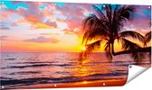 Gards Tuinposter Tropisch Strand tijdens Zonsondergang - 140x70 cm - Tuindoek - Tuindecoratie - Wanddecoratie buiten - Tuinschilderij