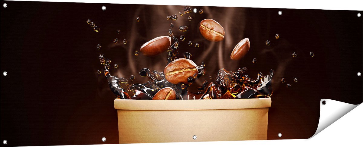 Gards Tuinposter Koffie Beker met Koffiebonen Erin - 180x60 cm - Tuindoek - Tuindecoratie - Wanddecoratie buiten - Tuinschilderij Multikleur