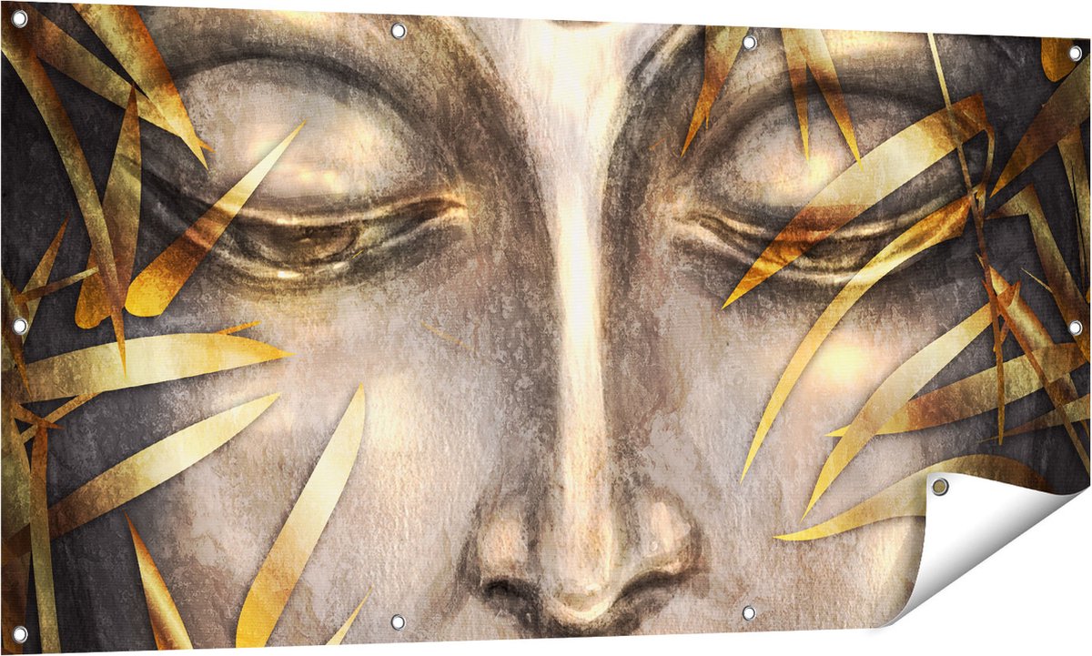 Gards Tuinposter Boeddha Beeld met Gouden Bladeren - 140x70 cm - Tuindoek - Tuindecoratie - Wanddecoratie buiten - Tuinschilderij Multikleur