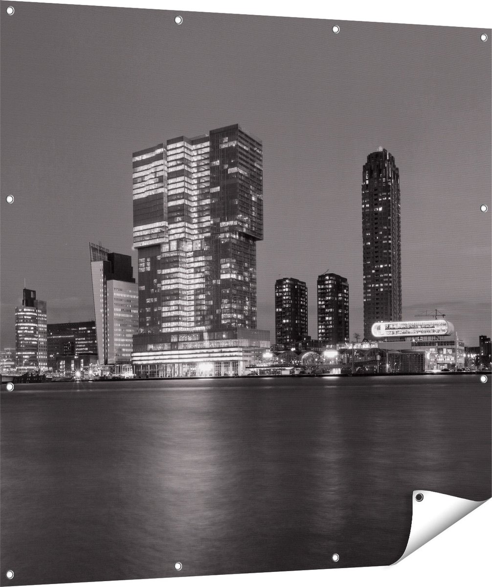 Gards Tuinposter Rotterdamse Skyline - Zwart Wit - 120x120 cm - Tuindoek - Tuindecoratie - Wanddecoratie buiten - Tuinschilderij Multikleur