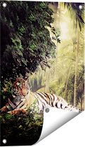 Gards Tuinposter Tijger in de Jungle met Zonneschijn - 40x60 cm - Tuindoek - Tuindecoratie - Wanddecoratie buiten - Tuinschilderij