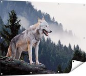 Gards Tuinposter Grijze Wolf in de Bossen - 120x90 cm - Tuindoek - Tuindecoratie - Wanddecoratie buiten - Tuinschilderij