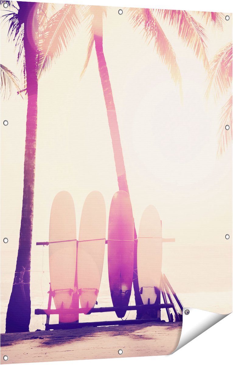Gards Tuinposter Tropisch Strand met Surfborden - 90x120 cm - Tuindoek - Tuindecoratie - Wanddecoratie buiten - Tuinschilderij Multikleur