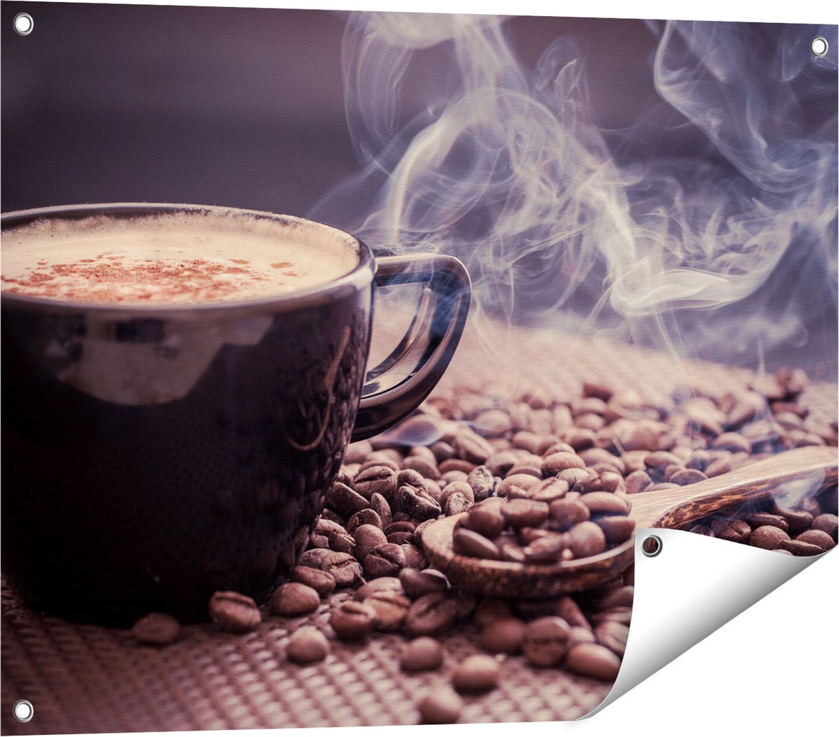 Gards Tuinposter Hete Koffie Kop met Koffiebonen - 80x60 cm - Tuindoek - Tuindecoratie - Wanddecoratie buiten - Tuinschilderij Multikleur
