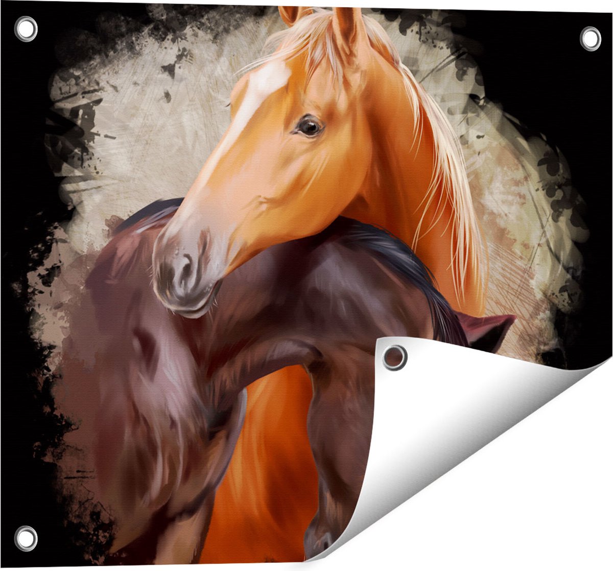 Gards Tuinposter Twee Getekende Knuffelende Paarden - Abstract - 50x40 cm - Tuindoek - Tuindecoratie - Wanddecoratie buiten - Tuinschilderij Multikleur