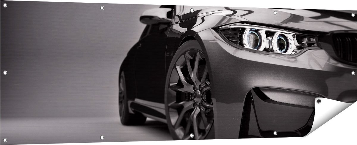 Gards Tuinposter Grijze Sportwagen Auto - Zwart Wit - 180x60 cm - Tuindoek - Tuindecoratie - Wanddecoratie buiten - Tuinschilderij Multikleur