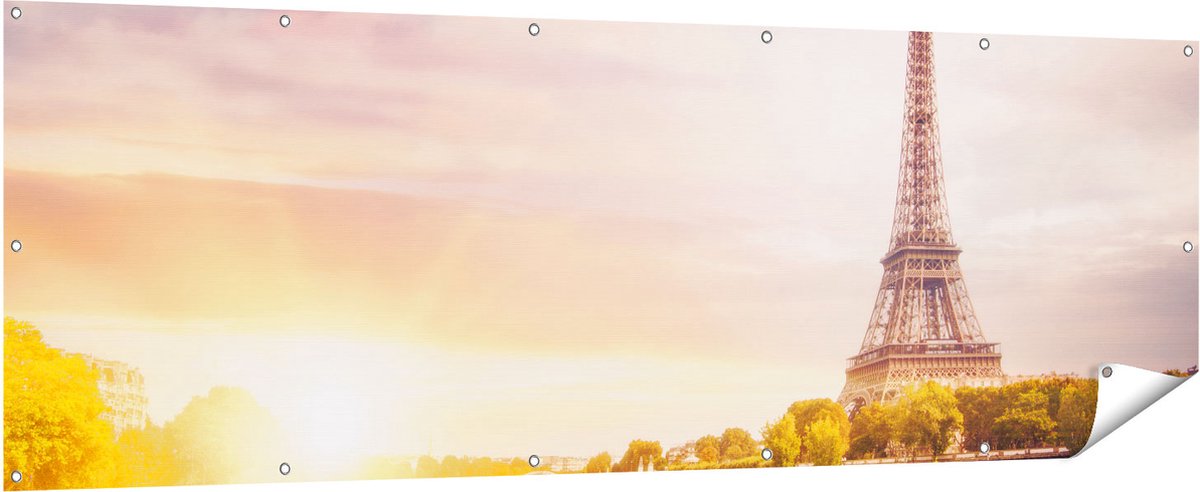 Gards Tuinposter Eiffeltoren in Parijs aan het Water - 210x70 cm - Tuindoek - Tuindecoratie - Wanddecoratie buiten - Tuinschilderij Multikleur