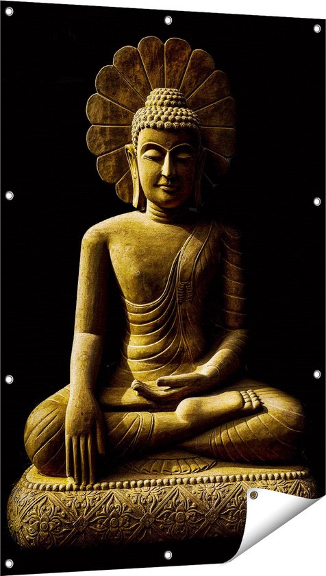 Gards Tuinposter Gouden Boeddha Beeld in Meditatie - 80x120 cm - Tuindoek - Tuindecoratie - Wanddecoratie buiten - Tuinschilderij