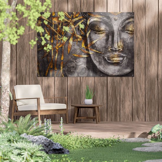 Gards Affiche Jardin Bouddha Doré de l'Aquarelle - Abstrait - 150x100 cm - Toile jardin - Décoration de jardin - Décoration murale extérieur - Tableau jardin