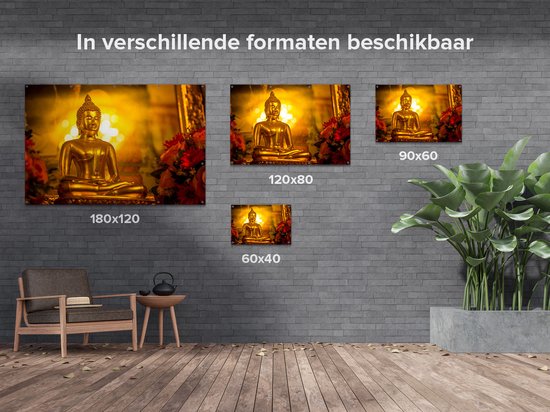 Gards Poster de jardin Statue Bouddha doré - 150x100 cm - Toile de jardin - Décoration de jardin - Décoration murale extérieure - Tableau de jardin