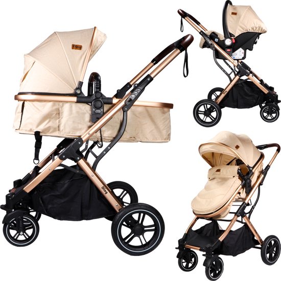Beige combi kinderwagen met goudkleurig frame, reiswieg en zitje.