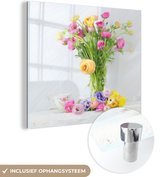 MuchoWow® Glasschilderij 90x90 cm - Schilderij acrylglas - Stilleven - Kleuren - Bloemen - Foto op glas - Schilderijen