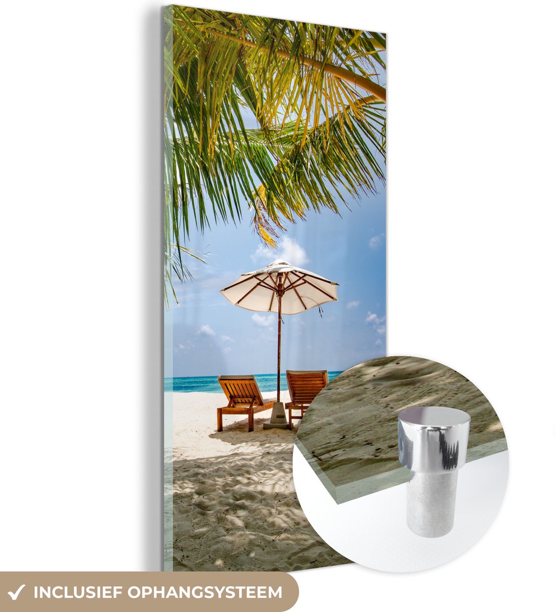® Glasschilderij 40x80 cm - Schilderij acrylglas - Strand - Strandstoel - Parasol - Foto o