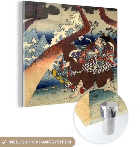 MuchoWow® Glasschilderij 20x20 cm - Schilderij acrylglas - Japanse houtsnede van krijgers bij een storm - Foto op glas - Schilderijen