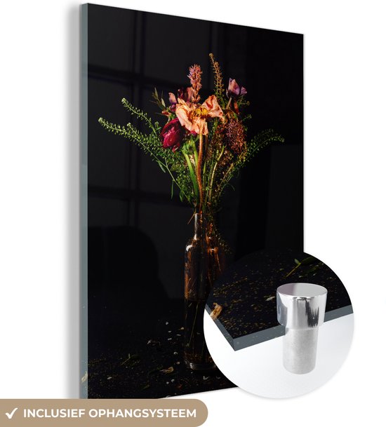 MuchoWow® Glasschilderij 60x80 cm - Schilderij acrylglas - Stilleven - Bloemen - Vaas - Foto op glas - Schilderijen