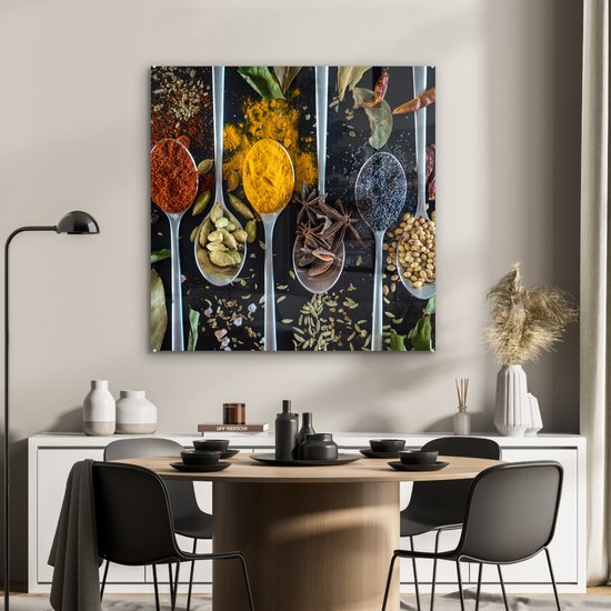 MuchoWow® Peinture sur Verre - Herbes - Cuillère - Épices - Zwart - Cuisine - 90x90 cm - Peintures sur Verre Acrylique - Photo sur Glas