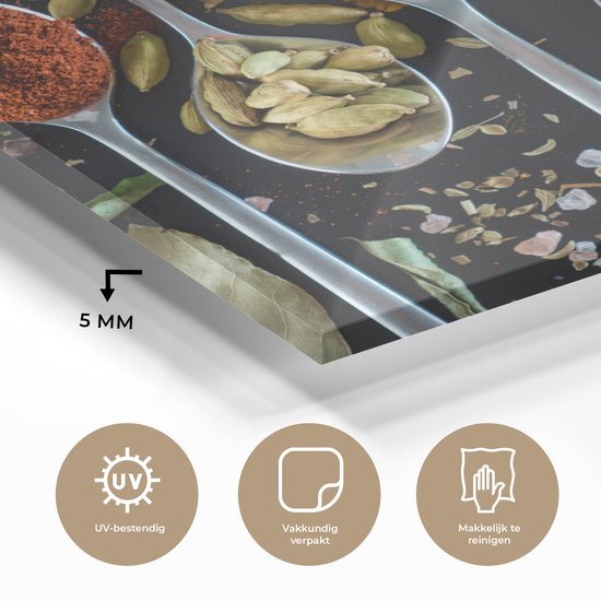 MuchoWow® Peinture sur Verre - Herbes - Cuillère - Épices - Zwart - Cuisine - 90x90 cm - Peintures sur Verre Acrylique - Photo sur Glas