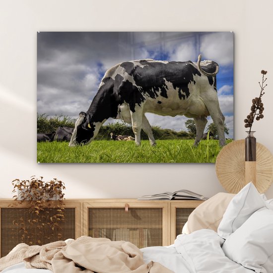 Une vache frisonne avec des nuages sombres au-dessus Plexiglas 120x80 cm - Tirage photo sur Glas (décoration murale en plexiglas)