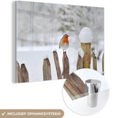MuchoWow® Glasschilderij 150x100 cm - Schilderij acrylglas - Vogel - Hek - Sneeuw - Foto op glas - Schilderijen