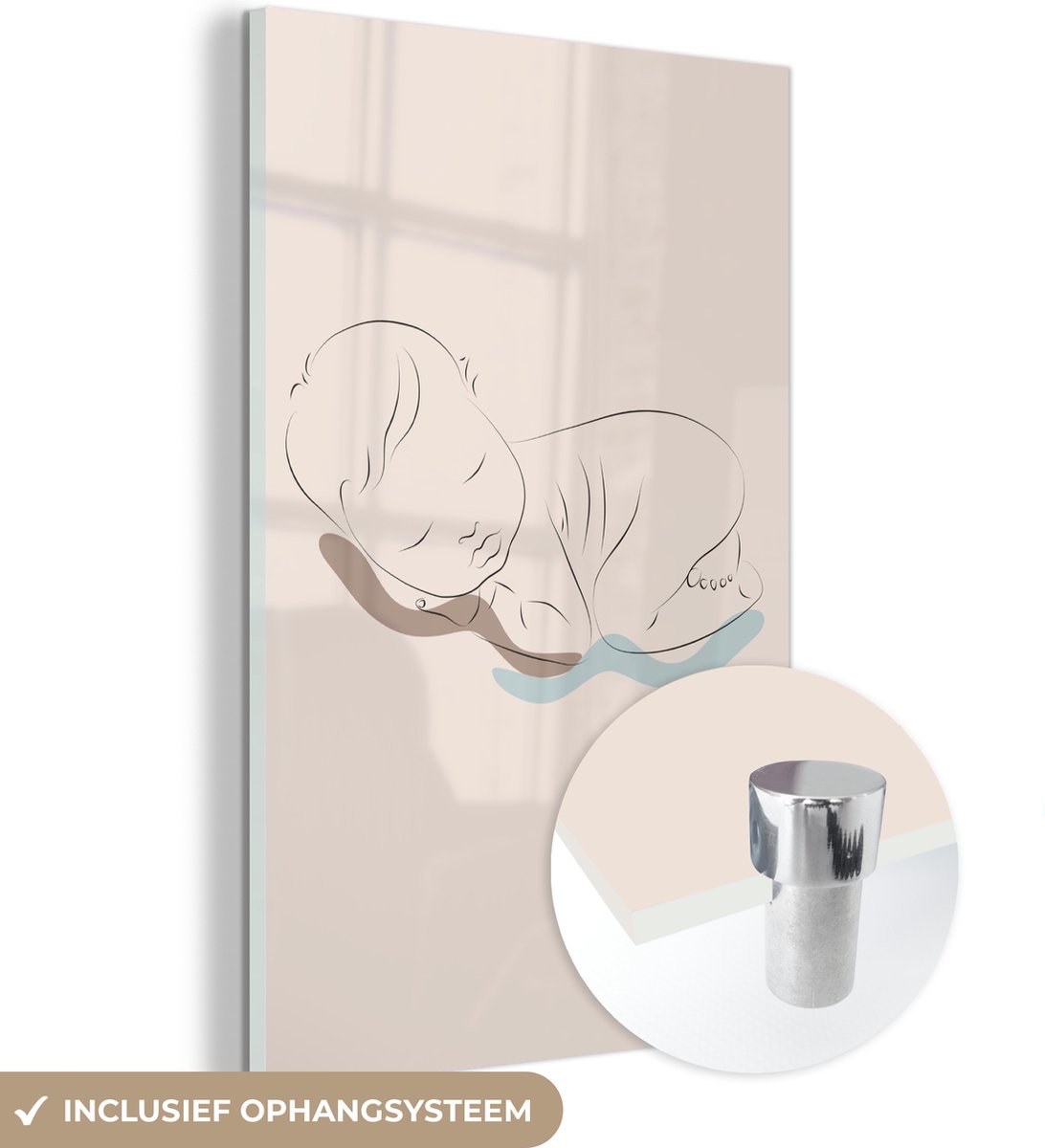 ® Glasschilderij 80x120 cm - Schilderij acrylglas - Line art - Baby - Kind - Foto op glas - Muurdecoratie woonkamer - Wanddecoratie slaapkamer - Schilderijen