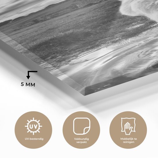 MuchoWow® Glasschilderij 80x160 cm - Schilderij acrylglas - Wolf uitkijkend over landschap in zwart-wit - Foto op glas - Schilderijen