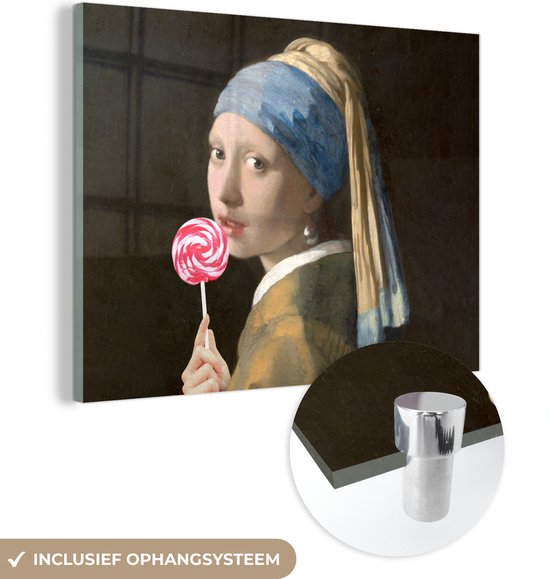 MuchoWow® Glasschilderij 120x90 cm - Schilderij acrylglas - Meisje met de parel - Vermeer - Snoep - Foto op glas - Schilderijen