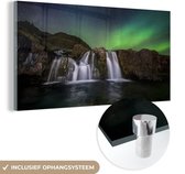 MuchoWow® Glasschilderij 40x20 cm - Schilderij acrylglas - Noorderlicht - Waterval - IJsland - Natuur - Foto op glas - Schilderijen
