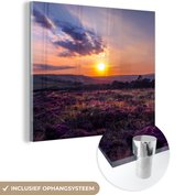 MuchoWow® Glasschilderij 20x20 cm - Schilderij acrylglas - Zonsondergang op de heide - Foto op glas - Schilderijen