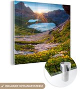 MuchoWow® Glasschilderij 20x20 cm - Schilderij acrylglas - Alpen - Meer - Zon - Foto op glas - Schilderijen