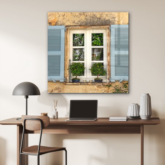 MuchoWow® Peinture sur verre 90x90 cm - Peinture acrylique sur verre - Vieux mur avec volets bleus - Photo sur verre - Peintures