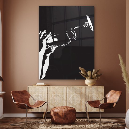 MuchoWow® Peinture sur verre 120x160 cm - Peinture sur verre acrylique - Illustration d'une trompette tenue en noir et blanc - Photo sur verre - Peintures