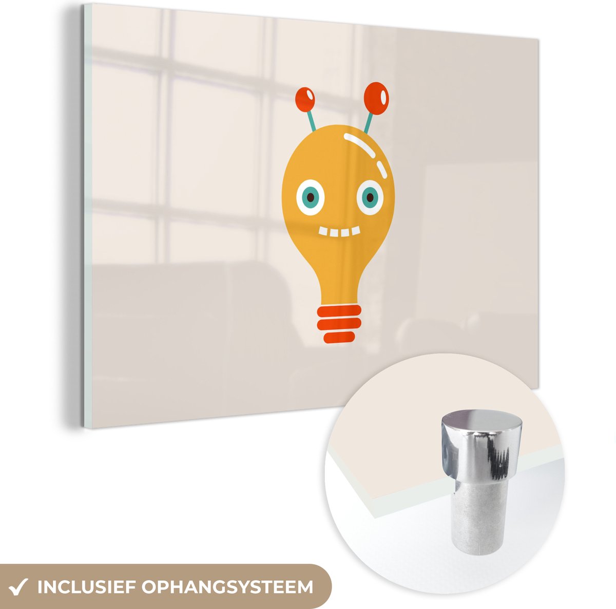 ® Glasschilderij 30x20 cm - Schilderij acrylglas - Robot - Gloeilamp - Gezicht - Antenne -