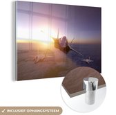 MuchoWow® Glasschilderij 150x100 cm - Schilderij acrylglas - Vliegende straaljagers tijdens zonsondergang - Foto op glas - Schilderijen