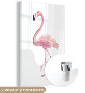MuchoWow® Glasschilderij 60x90 cm - Schilderij acrylglas - Waterverf - Flamingo - Roze - Foto op glas - Schilderijen