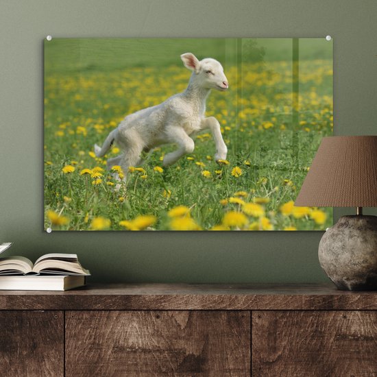 MuchoWow® Peinture sur verre 60x40 cm - Peinture sur verre acrylique - Moutons - Fleurs - Jaune - Photo sur verre - Peintures