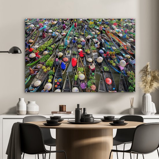 Peinture sur Verre - Marché Flottant en Indonésie - 120x80 cm - Peintures Plexiglas
