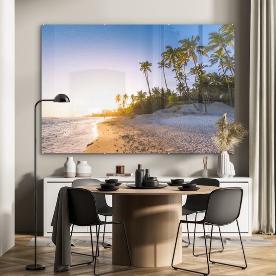 MuchoWow® Peinture sur Verre - Palmiers sur la Plage Pendant le Lever du Soleil - 150x100 cm - Peintures sur Verre Acrylique - Photo sur Glas