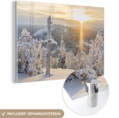 MuchoWow® Glasschilderij 180x120 cm - Schilderij acrylglas - Winter landschap onder felle zon - Foto op glas - Schilderijen