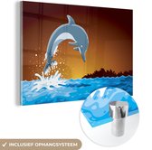 MuchoWow® Glasschilderij 180x120 cm - Schilderij acrylglas - Dolfijn - Water - Zonsondergang - Foto op glas - Schilderijen