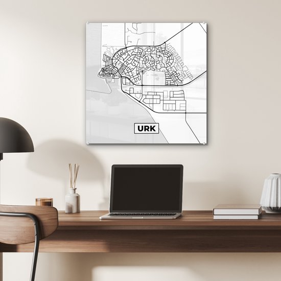 MuchoWow® Glasschilderij 50x50 cm - Schilderij acrylglas - Kaart - Urk - Zwart - Wit - Foto op glas - Schilderijen