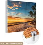 Glasschilderij - Schilderij zee - Strand - Horizon - Palmboom - Zee - Landschap - 20x20 cm - Acrylglas - Kamer decoratie - Foto op glas - Glazen schilderij