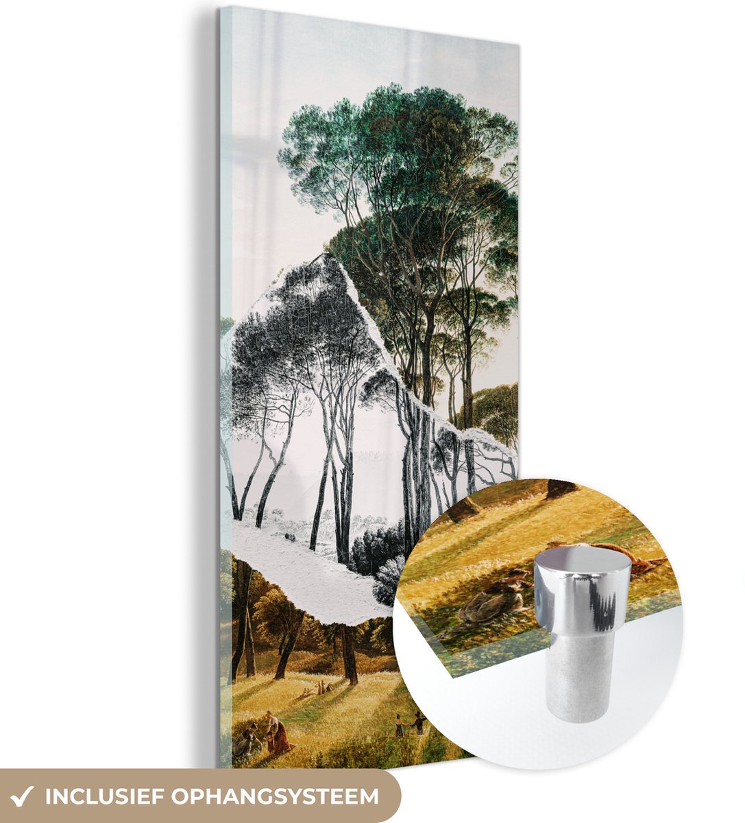 MuchoWow® Glasschilderij 20x40 cm - Schilderij acrylglas - Italiaans landschap parasoldennen - Kunst - Hendrik Voogd - Schilderij - Zwart wit - Oude meesters - Foto op glas - Schilderijen