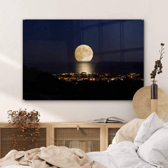 MuchoWow® Peinture sur verre - Lune - Mer - Ville - 120x80 cm - Peintures acrylique - Photo sur Glas