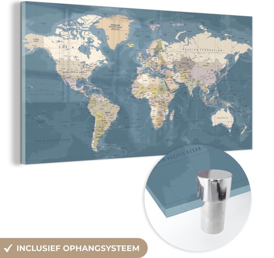 MuchoWow® Peinture sur Verre - Wereldkaart - Atlas - Blauw - 120x60 cm - Peintures sur Verre Acrylique - Photo sur Glas